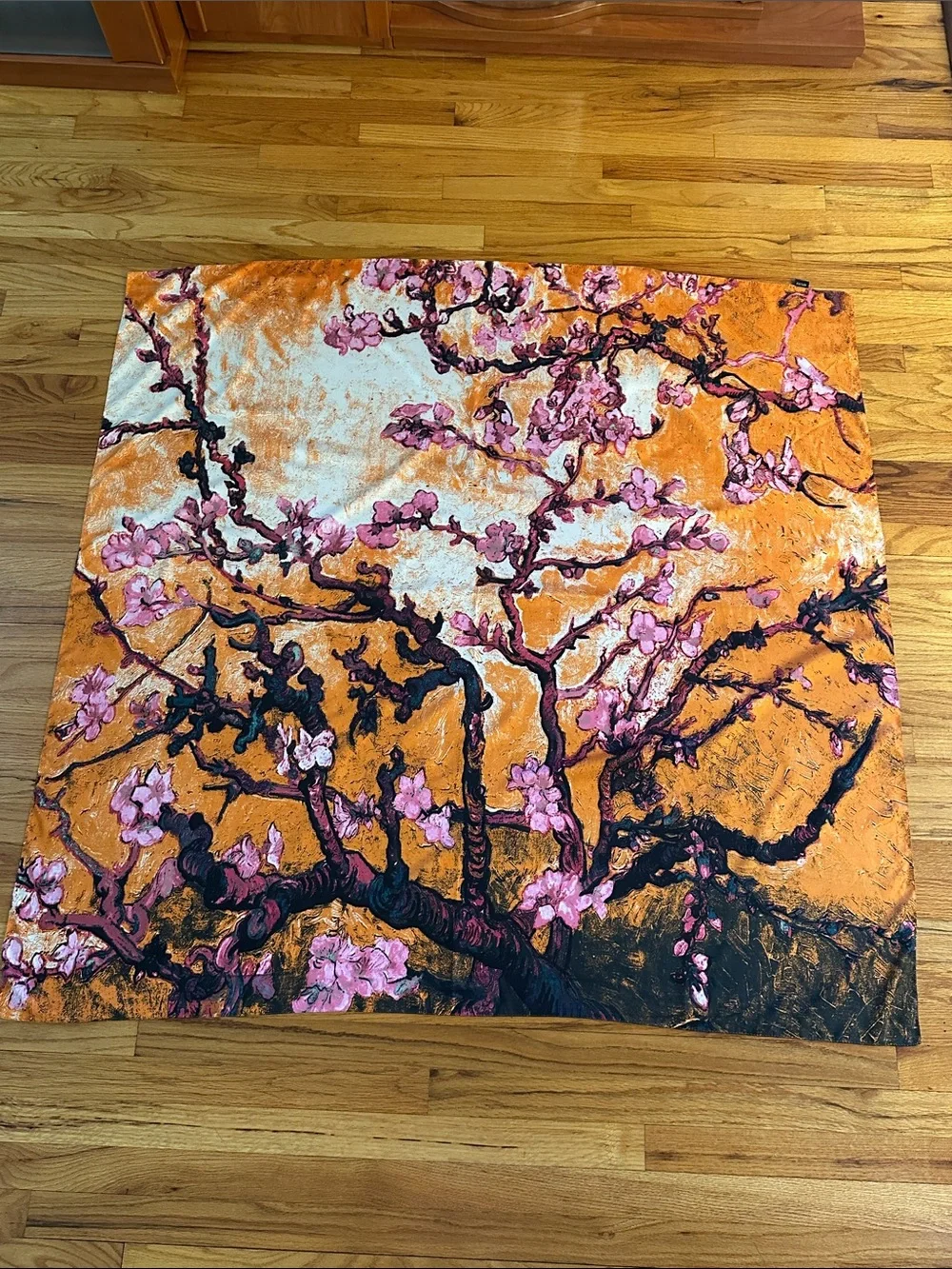 Vibrant Oversized Orange Floral Branch Print Silk Scarf